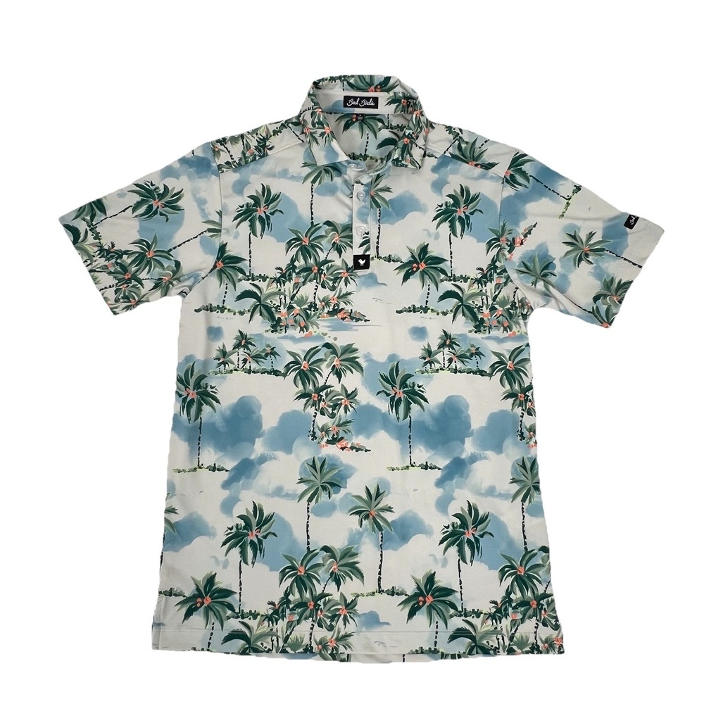 Bad Birdie Men's Golf Polo Postcard Vacation Blue Palm Trees Tropical Sz S